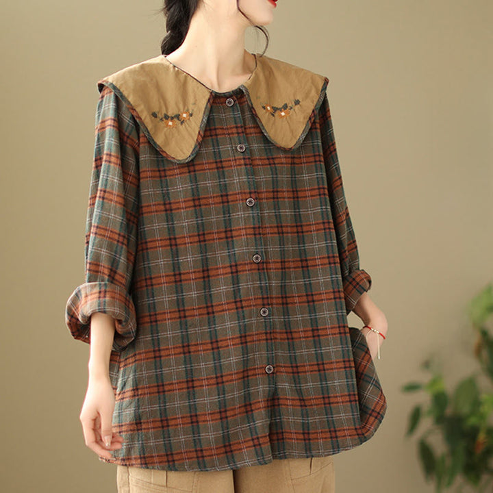Buddha Stones Embroidered Plaid Pattern Cotton Women's Shirt - image 10