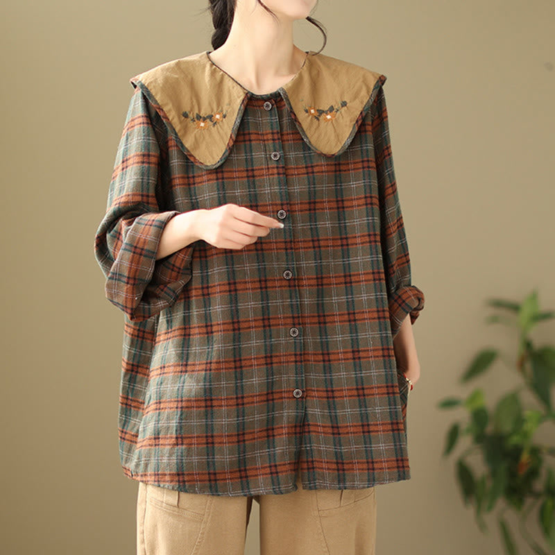 Buddha Stones Embroidered Plaid Pattern Cotton Women's Shirt - image 7