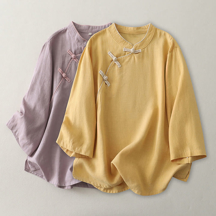 Buddha Stones Plain Slanted Buttons Cotton Linen Women's Shirt - image 8