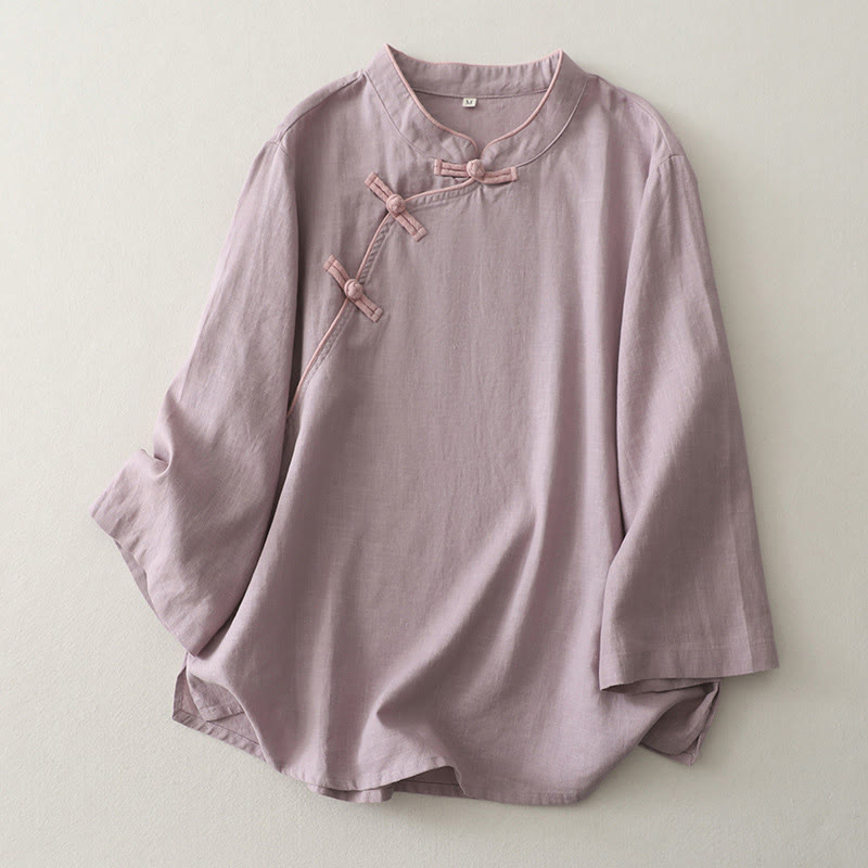 Buddha Stones Plain Slanted Buttons Cotton Linen Women's Shirt - Thistle - US12，UK/AU16，EU44 (2XL) - image 3