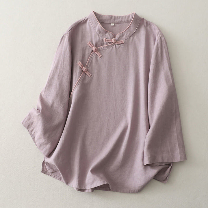 Buddha Stones Plain Slanted Buttons Cotton Linen Women's Shirt - Thistle - US12，UK/AU16，EU44 (2XL) - image 3