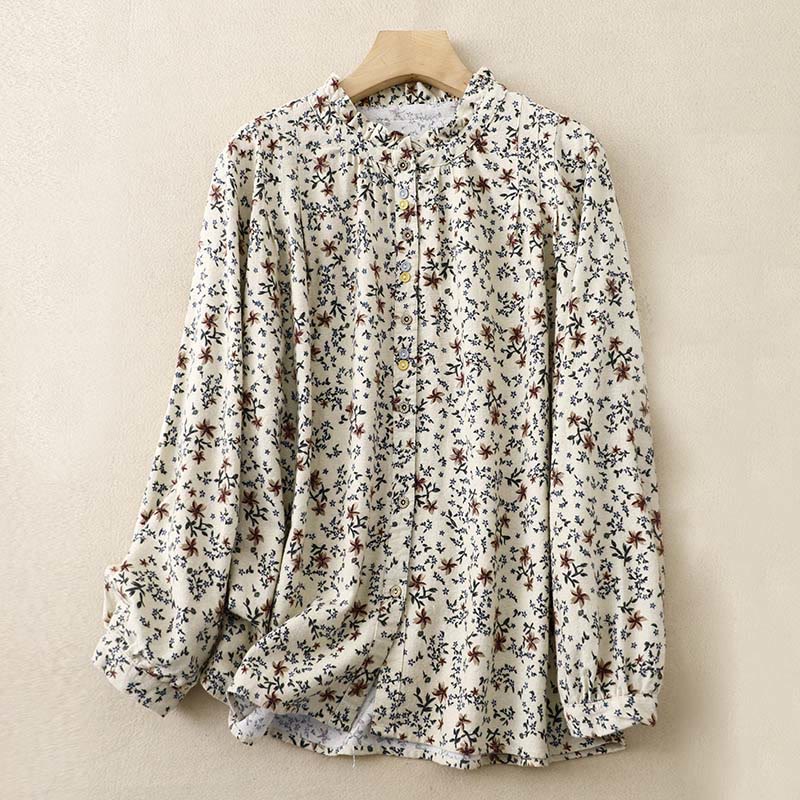 Buddha Stones Casual Florals Crew Neck Cotton Linen Women's Shirt - Beige - US14，UK/AU18，EU46 (2XL) - image 1