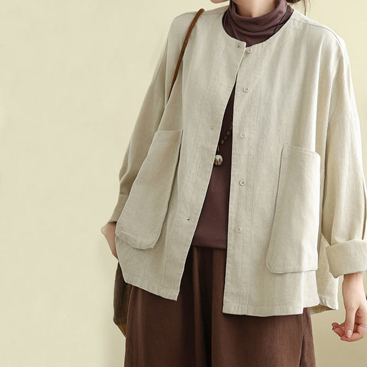 Buddha Stones Plain Design Long Sleeve Women's Cotton Linen Jacket With Pockets - image 4