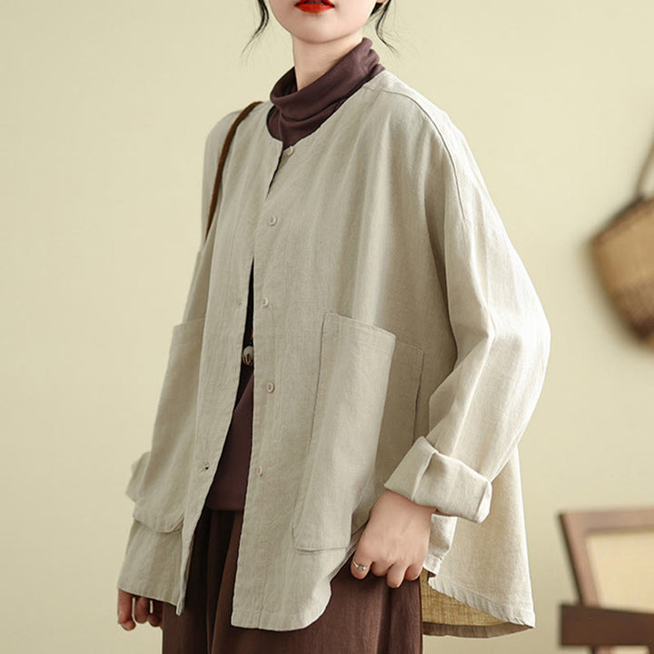 Buddha Stones Plain Design Long Sleeve Women's Cotton Linen Jacket With Pockets - Beige - US14，UK/AU18，EU46 (2XL) - image 0