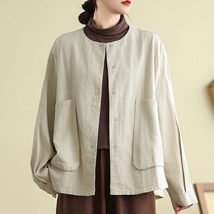 Buddha Stones Plain Design Long Sleeve Women's Cotton Linen Jacket With Pockets - image 3