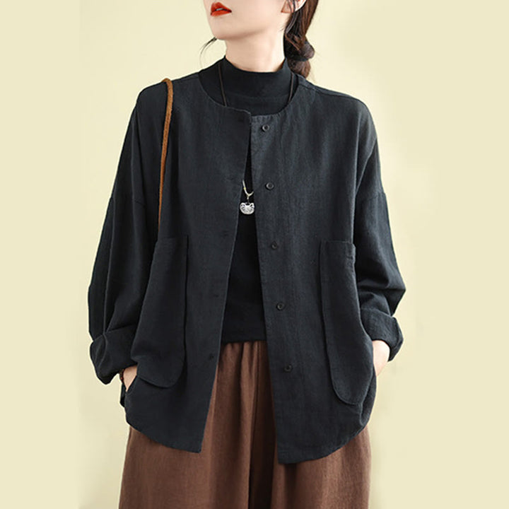 Buddha Stones Plain Design Long Sleeve Women's Cotton Linen Jacket With Pockets - Black - US14，UK/AU18，EU46 (2XL) - image 11