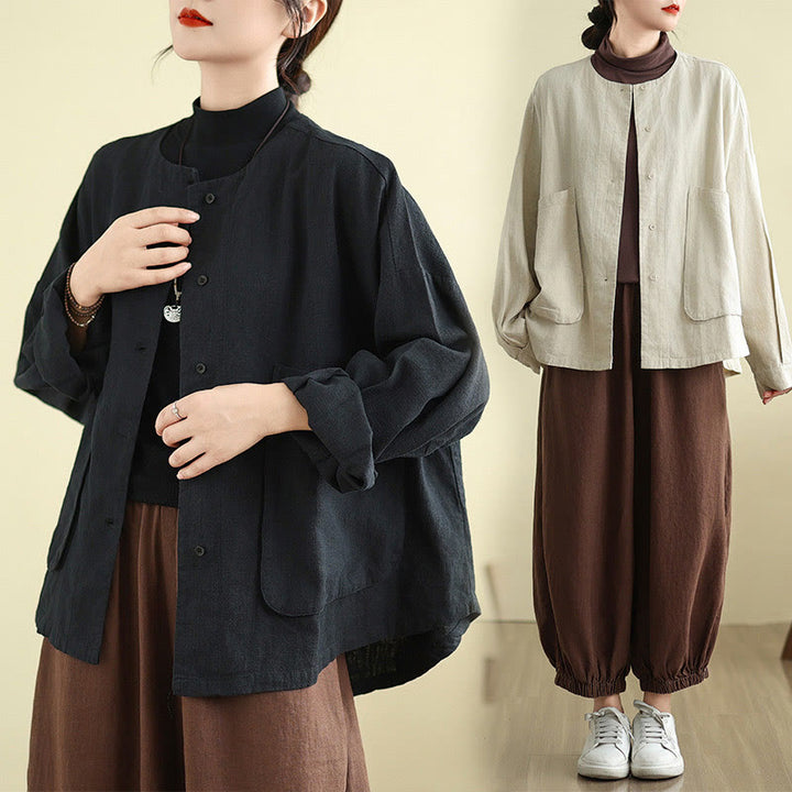 Buddha Stones Plain Design Long Sleeve Women's Cotton Linen Jacket With Pockets - image 18