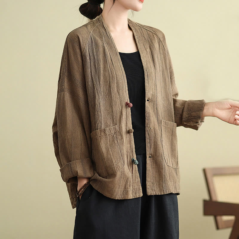 Buddha Stones Plain Long Sleeve Women's Cotton Linen Jacket With Pockets - Tan - US14，UK/AU18，EU46 (2XL) - image 1