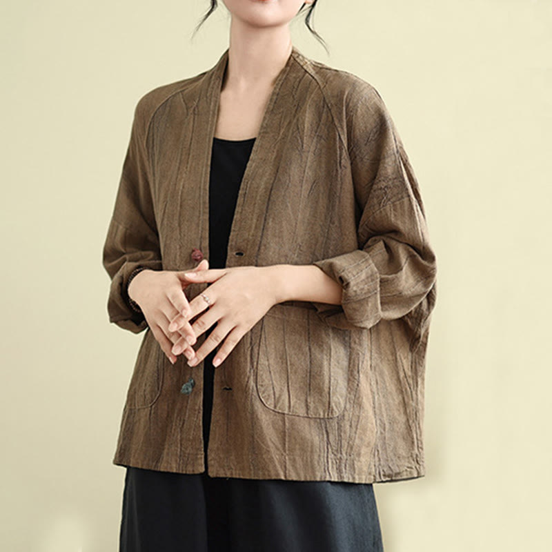 Buddha Stones Plain Long Sleeve Women's Cotton Linen Jacket With Pockets - image 5