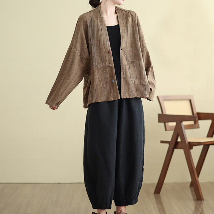 Buddha Stones Plain Long Sleeve Women's Cotton Linen Jacket With Pockets - image 7