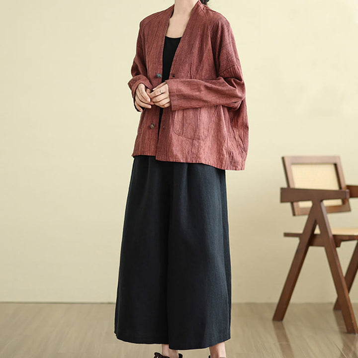 Buddha Stones Plain Long Sleeve Women's Cotton Linen Jacket With Pockets - image 12