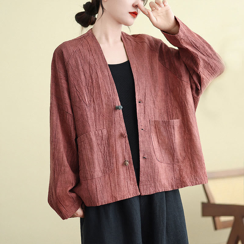 Buddha Stones Plain Long Sleeve Women's Cotton Linen Jacket With Pockets - image 11