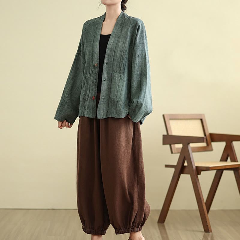 Buddha Stones Plain Long Sleeve Women's Cotton Linen Jacket With Pockets - image 23