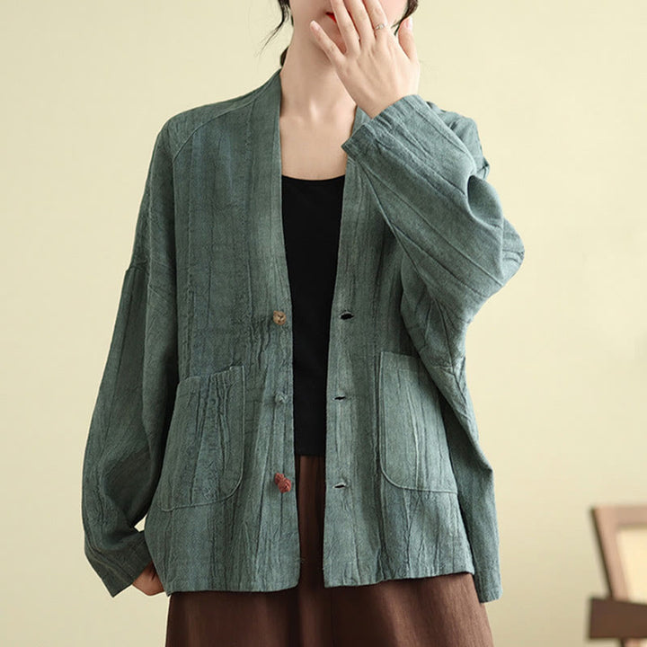 Buddha Stones Plain Long Sleeve Women's Cotton Linen Jacket With Pockets - image 19