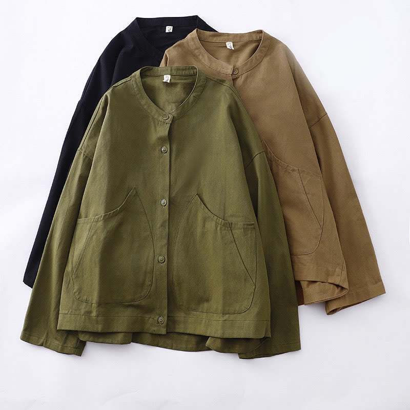 Buddha Stones Solid Color Long Sleeve Women's Cotton Jacket With Pockets - image 23
