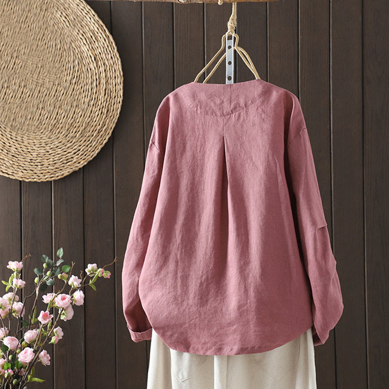 Buddha Stones Pure Color V-neck Women's Cotton Jacket With Pockets - image 8