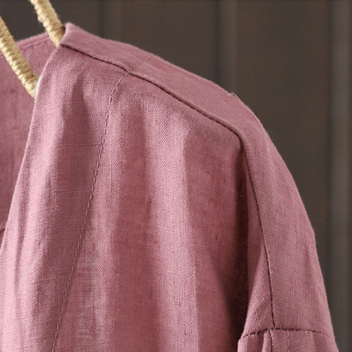 Buddha Stones Pure Color V-neck Women's Cotton Jacket With Pockets - image 9