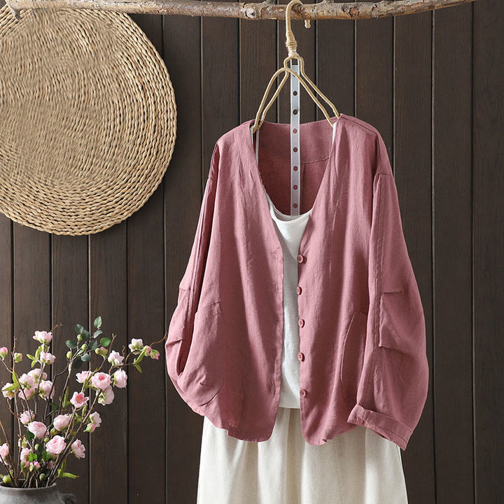 Buddha Stones Pure Color V-neck Women's Cotton Jacket With Pockets - PaleVioletRed - US14，UK/AU18，EU46 (2XL) - image 7