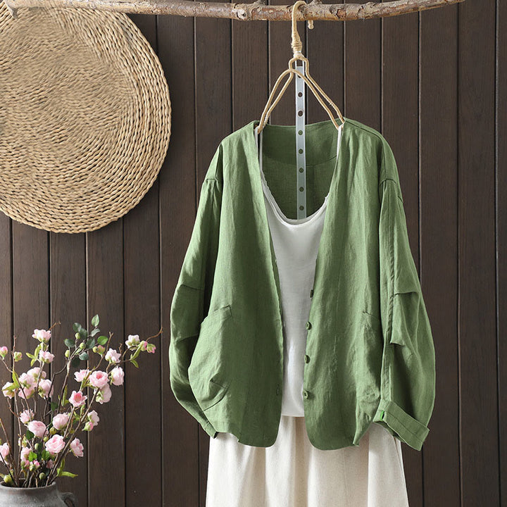 Buddha Stones Pure Color V-neck Women's Cotton Jacket With Pockets - MediumSeaGreen - US14，UK/AU18，EU46 (2XL) - image 18