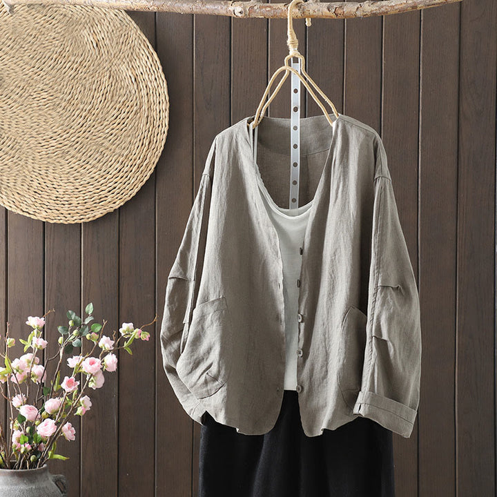 Buddha Stones Pure Color V-neck Women's Cotton Jacket With Pockets - DarkGray - US14，UK/AU18，EU46 (2XL) - image 24