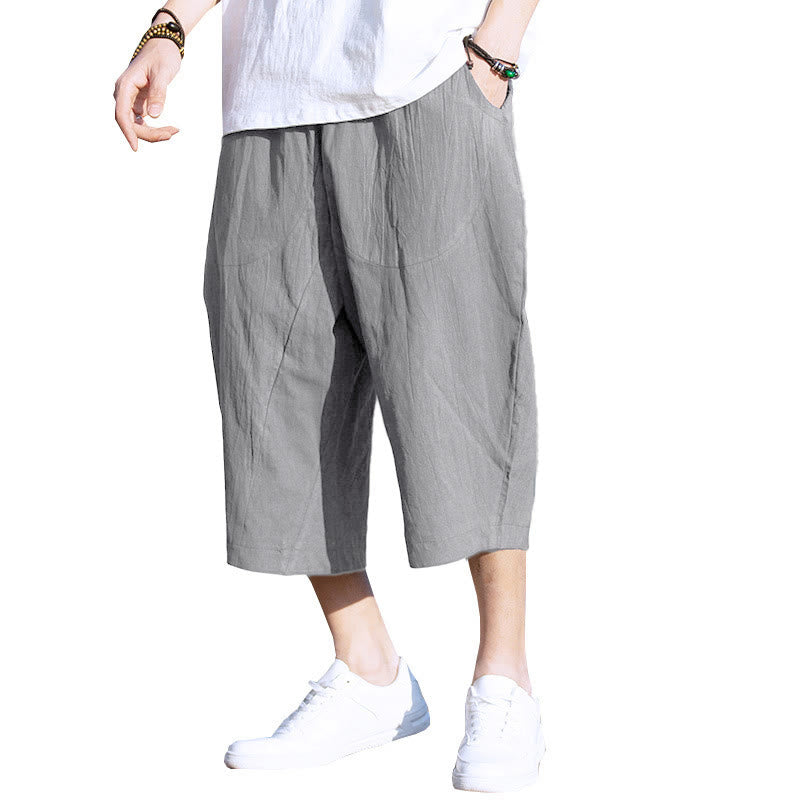 Buddha Stones Summer Plain Pleat Design Drawstring Men's 7-8 Length Cotton Linen Pants With Pockets - image 3