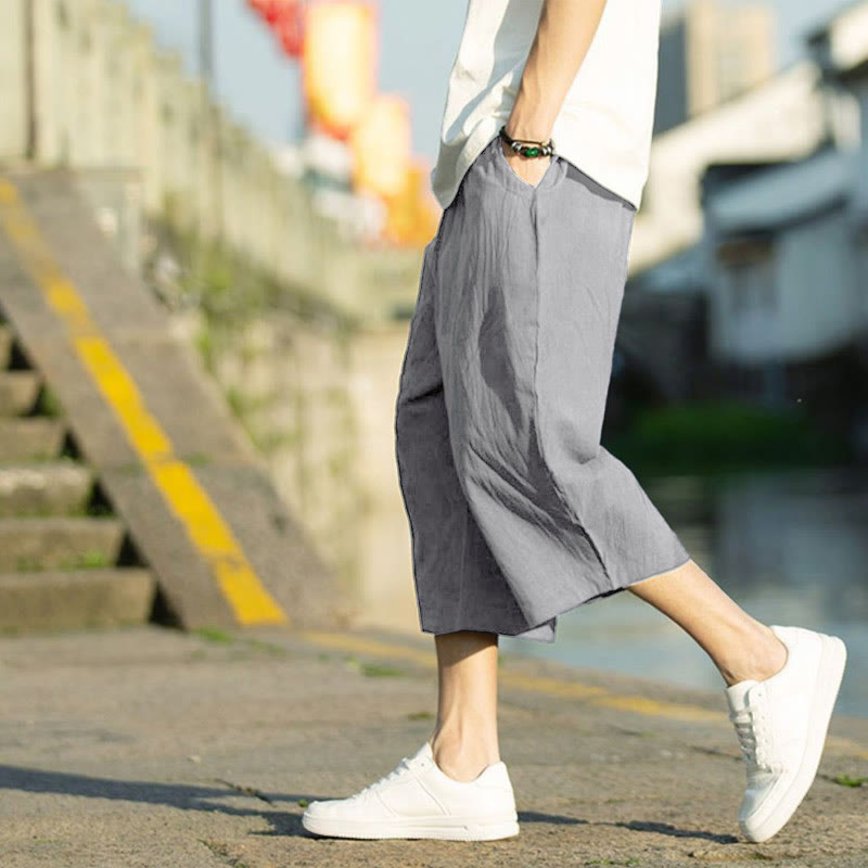 Buddha Stones Summer Plain Pleat Design Drawstring Men's 7-8 Length Cotton Linen Pants With Pockets - image 1