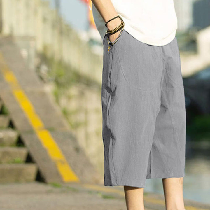 Buddha Stones Summer Plain Pleat Design Drawstring Men's 7-8 Length Cotton Linen Pants With Pockets - image 3