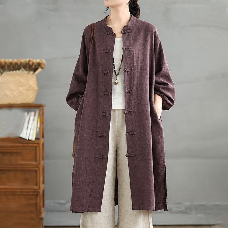 Buddha Stones Casual Frog-button Women's Cotton Linen Coat With Pockets - Purple - US12，UK/AU16，EU44 (2XL) - image 1