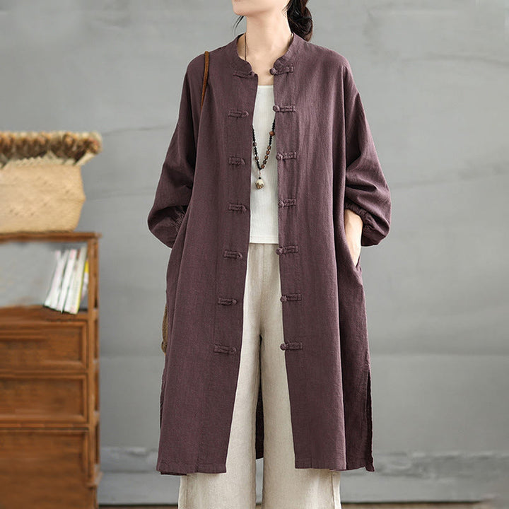 Buddha Stones Casual Frog-button Women's Cotton Linen Coat With Pockets - Purple - US12，UK/AU16，EU44 (2XL) - image 1