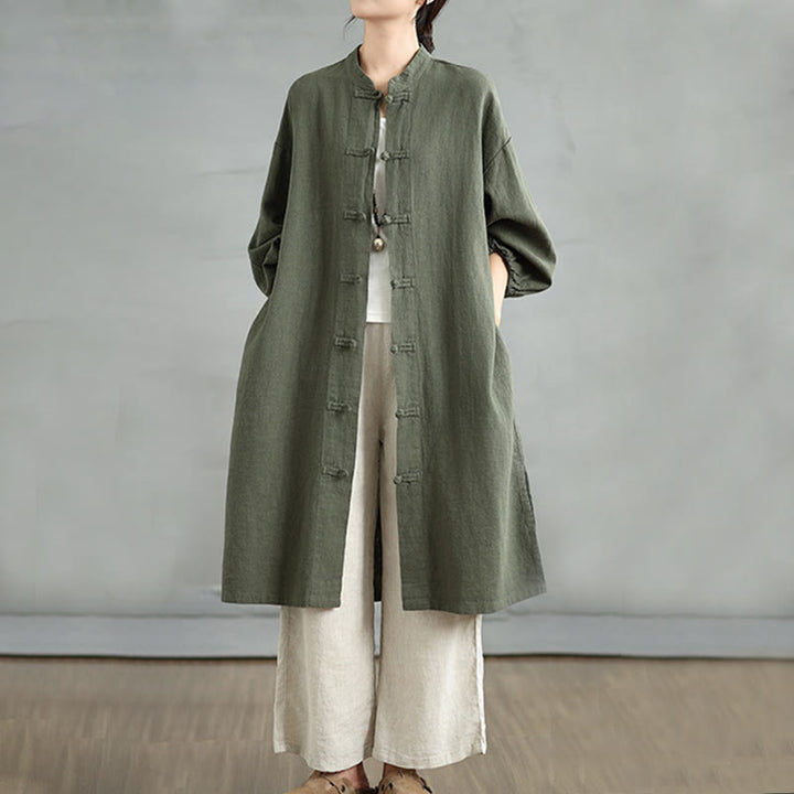Buddha Stones Casual Frog-button Women's Cotton Linen Coat With Pockets - DarkOliveGreen - US12，UK/AU16，EU44 (2XL) - image 11