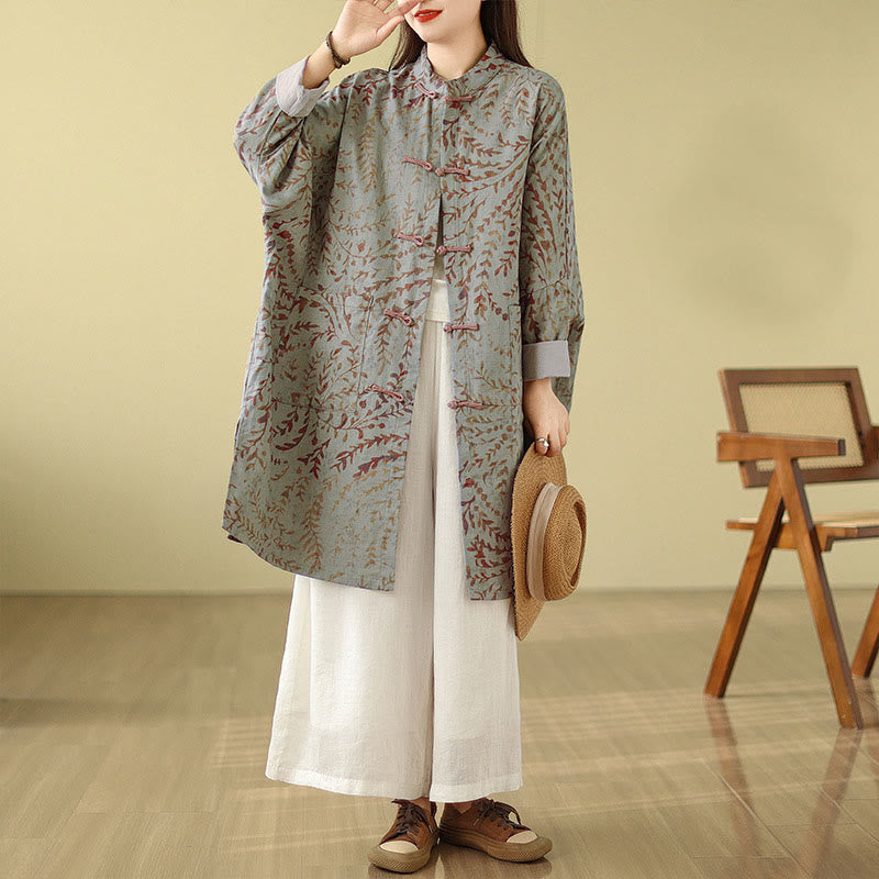 Buddha Stones Frog-button Vine Leaves Women's Cotton Linen Coat With Pockets - image 2