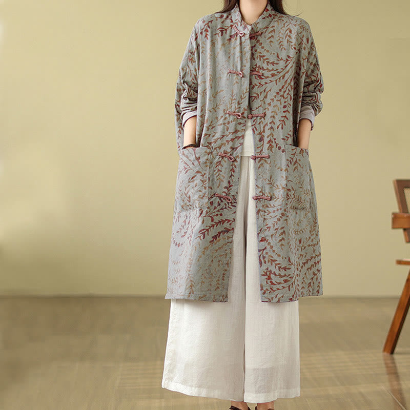 Buddha Stones Frog-button Vine Leaves Women's Cotton Linen Coat With Pockets - DarkSeaGreen - US14，UK/AU18，EU46 (2XL) - image 1