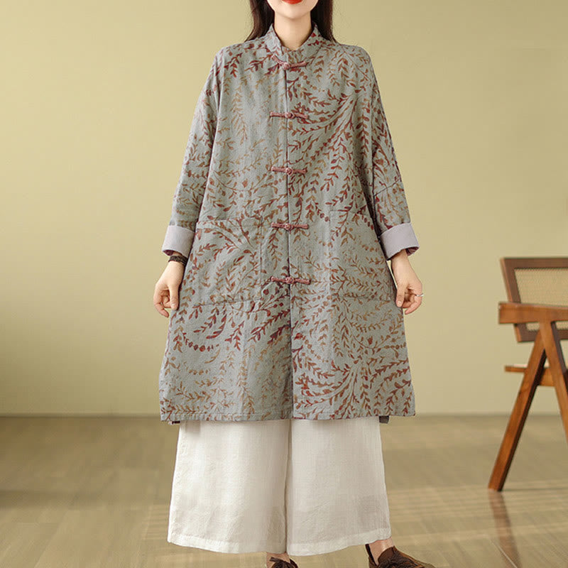 Buddha Stones Frog-button Vine Leaves Women's Cotton Linen Coat With Pockets - image 6