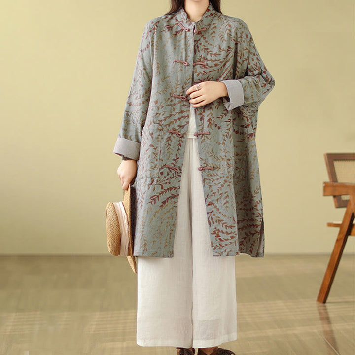 Buddha Stones Frog-button Vine Leaves Women's Cotton Linen Coat With Pockets - image 3