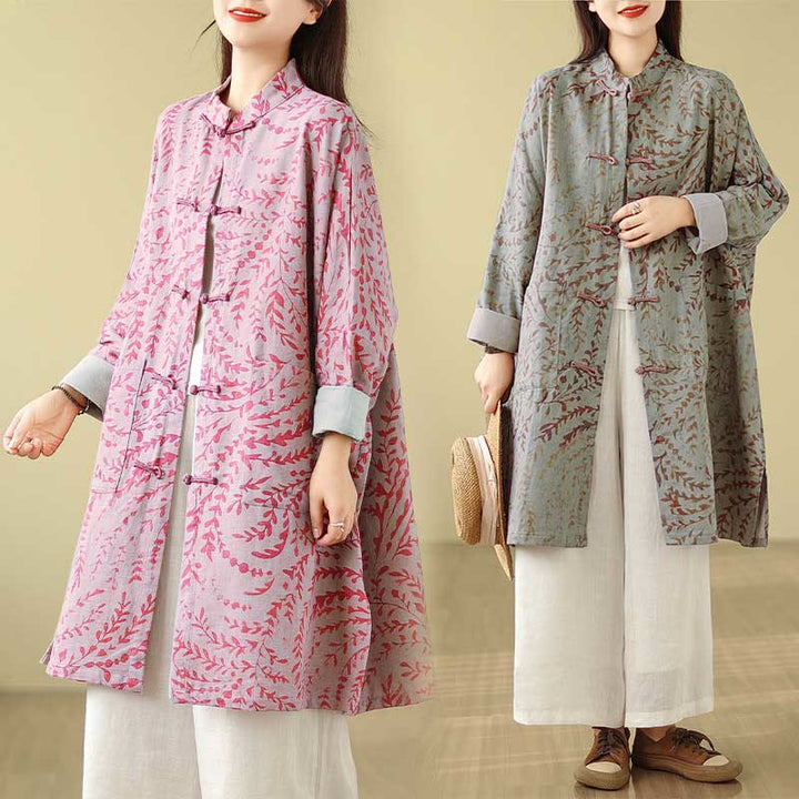 Buddha Stones Frog-button Vine Leaves Women's Cotton Linen Coat With Pockets - image 18