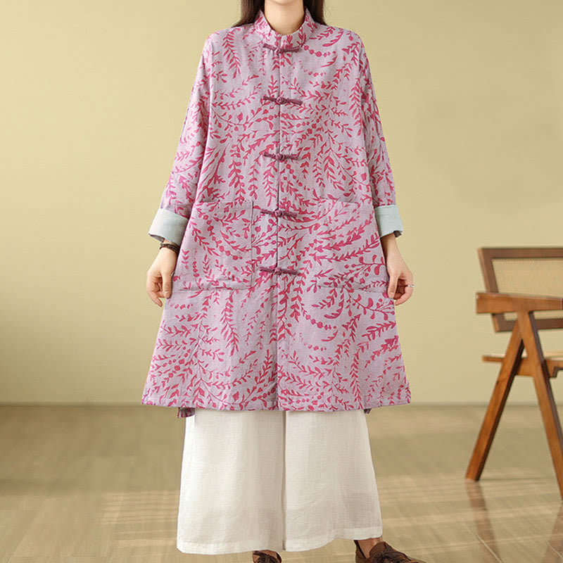 Buddha Stones Frog-button Vine Leaves Women's Cotton Linen Coat With Pockets - PaleVioletRed - US14，UK/AU18，EU46 (2XL) - image 7