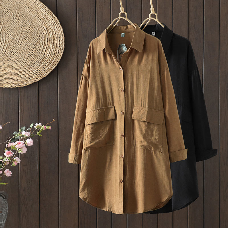 Buddha Stones Plain Buttons Women's Cotton Coat With Pockets - image 16