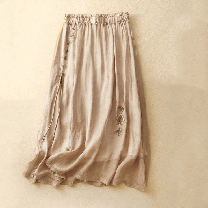 Buddha Stones Ethnic Vintage Embroidery Button Design Women's Cotton Linen 7-8 Length Skirt - Gold - US8-10，UK/AU12-14，EU40-42 (2XL) - image 10