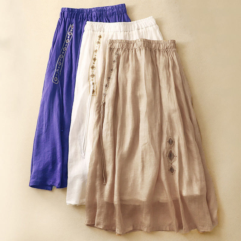 Buddha Stones Ethnic Vintage Embroidery Button Design Women's Cotton Linen 7-8 Length Skirt - image 19