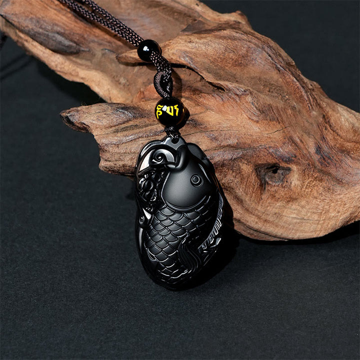 Buddha Stones Natural Black Obsidian Amphioxus Strength Necklace Pendant - image 3