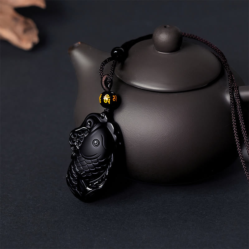 Buddha Stones Natural Black Obsidian Amphioxus Strength Necklace Pendant - image 6