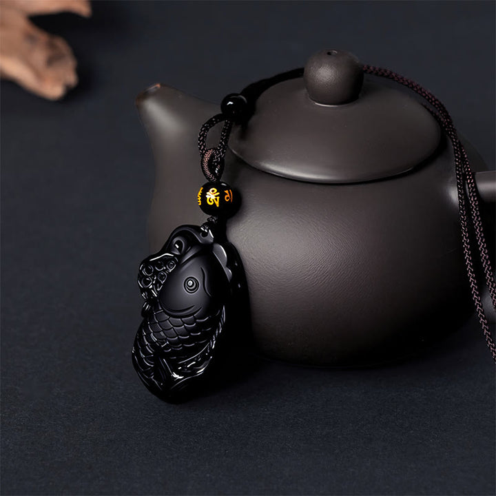 Buddha Stones Natural Black Obsidian Amphioxus Strength Necklace Pendant - image 6