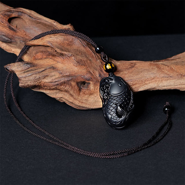 Buddha Stones Natural Black Obsidian Amphioxus Strength Necklace Pendant - image 4