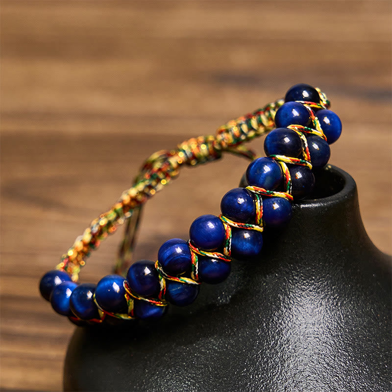 Buddha Stones Natural Blue Tiger Eye Hand-woven Colored Rope Double Row Beads Balance Bracelet - Blue Tiger Eye(Wrist Circumference: 14-24cm) - image 1