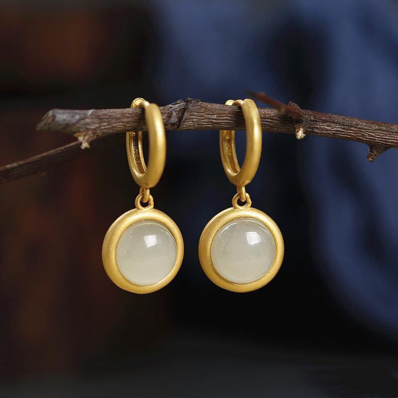 Buddha Stones 925 Sterling Silver White Jade Agate Prosperity Earrings  - White Jade(925 Sterling Silver Posts) - image 1