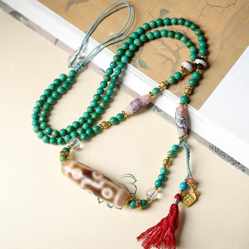 Buddha Stones Tibet Dzi Bead Turquoise Bead Chain Protection Necklace Pendant - image 2