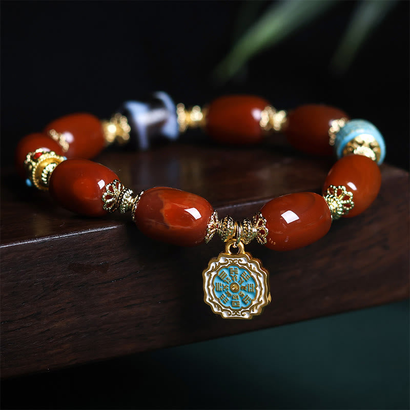 Buddha Stones Natural South Red Agate Bagua Dzi Bead Power Bracelet - South Red Agate & Bagua (Wrist Circumference: 15-18cm) - image 1