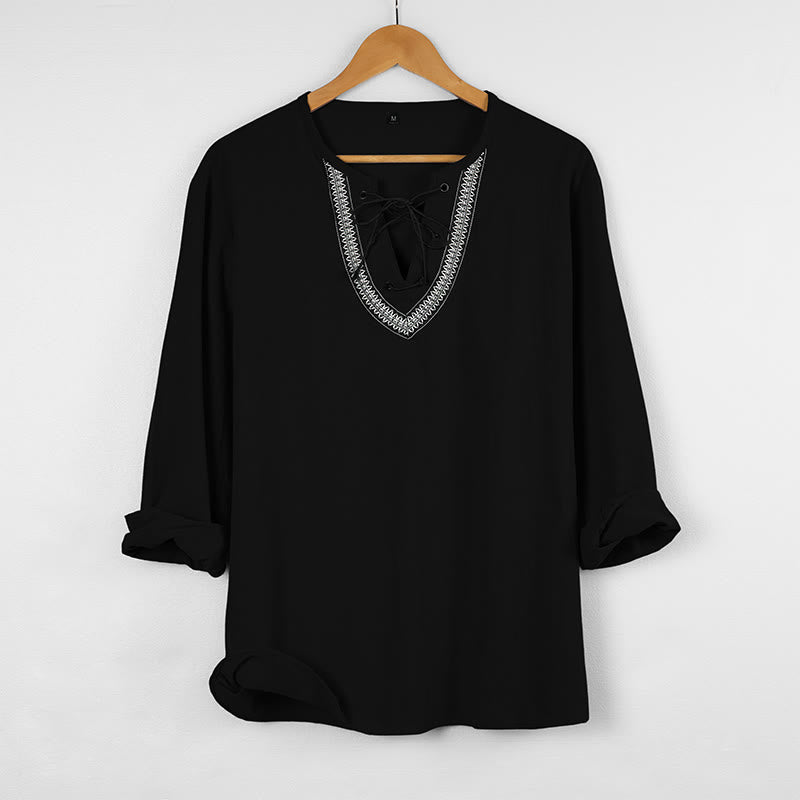 Buddha Stones Solid Color Fall Lace-up Men's V-Neck Long Sleeve Cotton Shirt - Black - US/UK/AU46，EU56 (3XL) - image 5