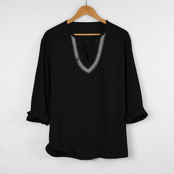 Buddha Stones Solid Color Fall Lace-up Men's V-Neck Long Sleeve Cotton Shirt - Black - US/UK/AU46，EU56 (3XL) - image 5