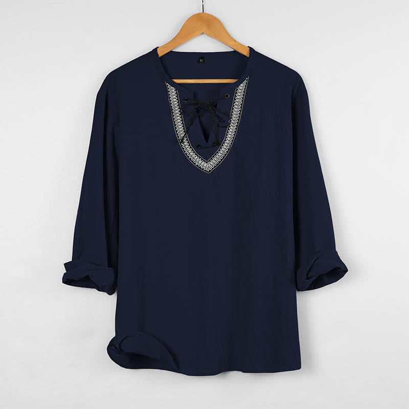 Buddha Stones Solid Color Fall Lace-up Men's V-Neck Long Sleeve Cotton Shirt - SteelBlue - US/UK/AU46，EU56 (3XL) - image 4